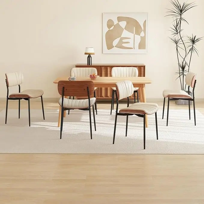 Modern PU Leather Dining Room Chairs Set of 6, Upholstered Kitchen Chairs with Walnut Bentwood Back and Metal Legs Adjustable