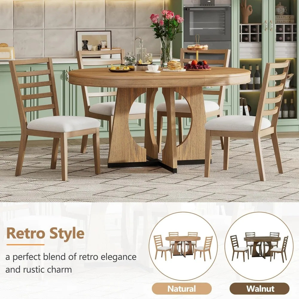 5 Piece Extendable Farmhouse Round Dining Table Set, 58" to 42" Oval Dining Room Table for 4 6 8 People and 4 Upholstered Chairs
