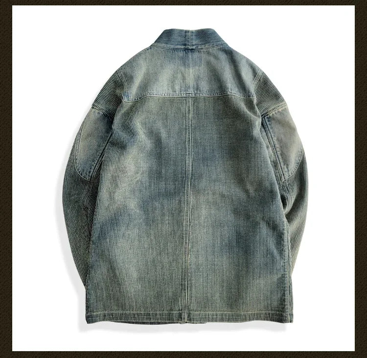 Amekaji Wear Clothes Men Blue Dyed Denim Robe Jacket Cardigan Coat Retro Washed Dyed Distressed