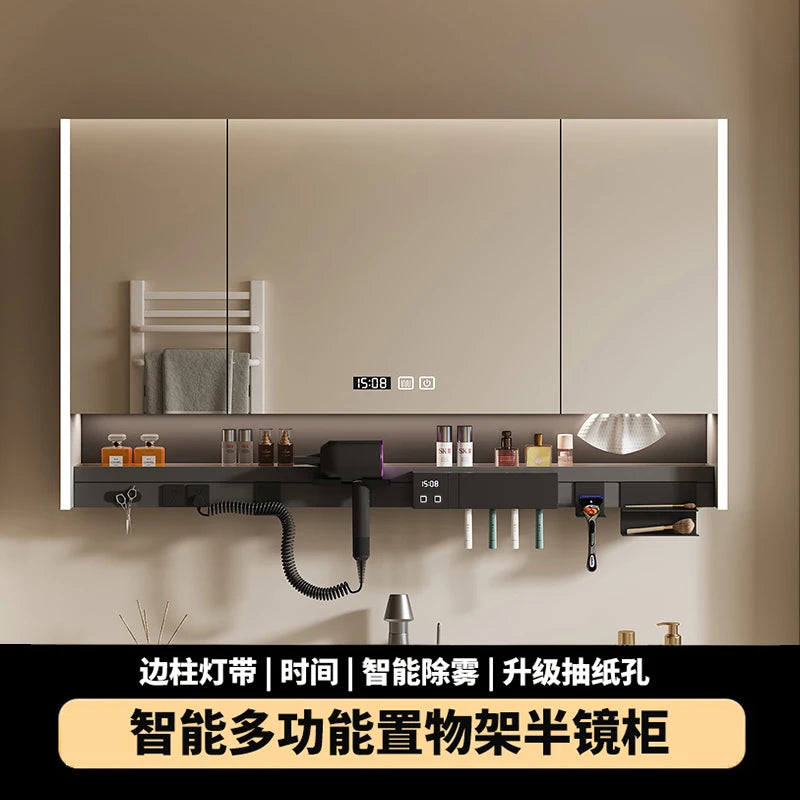 Nordic Luxury Smart Bathroom Mirror Cabinet Wall-mounted LED Light Anti-fog Bathroom Mirror Simple Bathroom Furniture FYBC