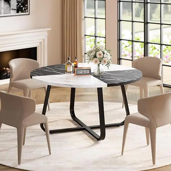 Modern Round Dining Table, Wood Metal Kitchen Tables,Industrial Large Dinner Room Tables for 6 to 8, Circle Dining Room Table f