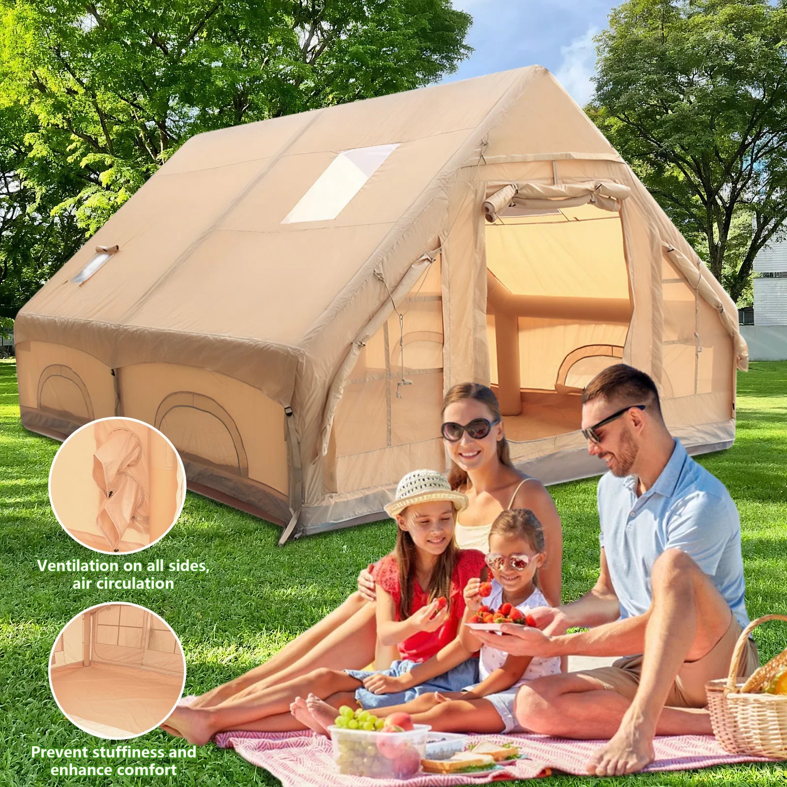 12m² Inflatable House with Skylight Air Glamping Tents Easy Setup Inflatable Camping Tent with Pump Camping with Mesh Windows