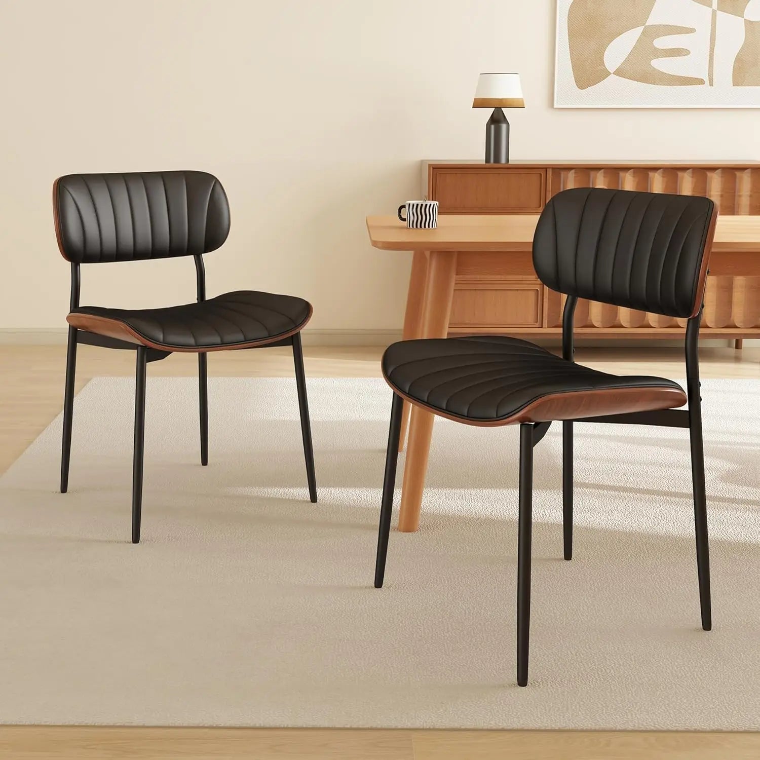 Modern PU Leather Dining Room Chairs Set of 6, Upholstered Kitchen Chairs with Walnut Bentwood Back and Metal Legs Adjustable