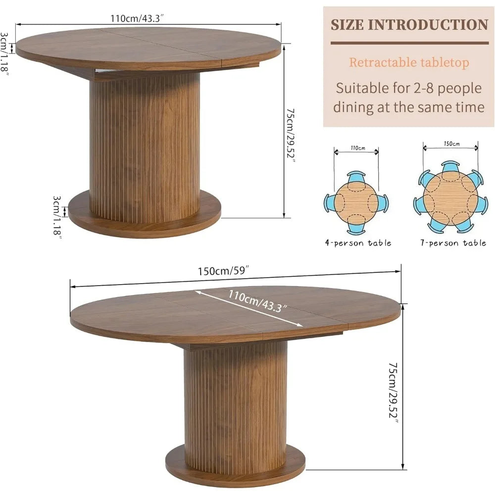 43.3 inch 59 inch Adjustable Size Round Dining Table for 4 6, Unique Design Modern Farmhouse Kitchen Table, Circle Dining