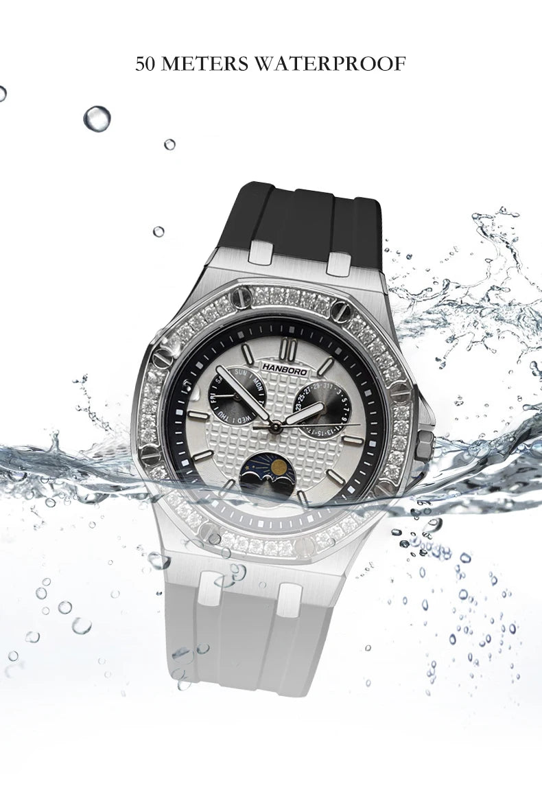 Hanbro Women Luxury Watch 37mm Ladies Vintage Quartz Wristwatch Luminous Waterproof Silicone Strap Week Date Triple Windows