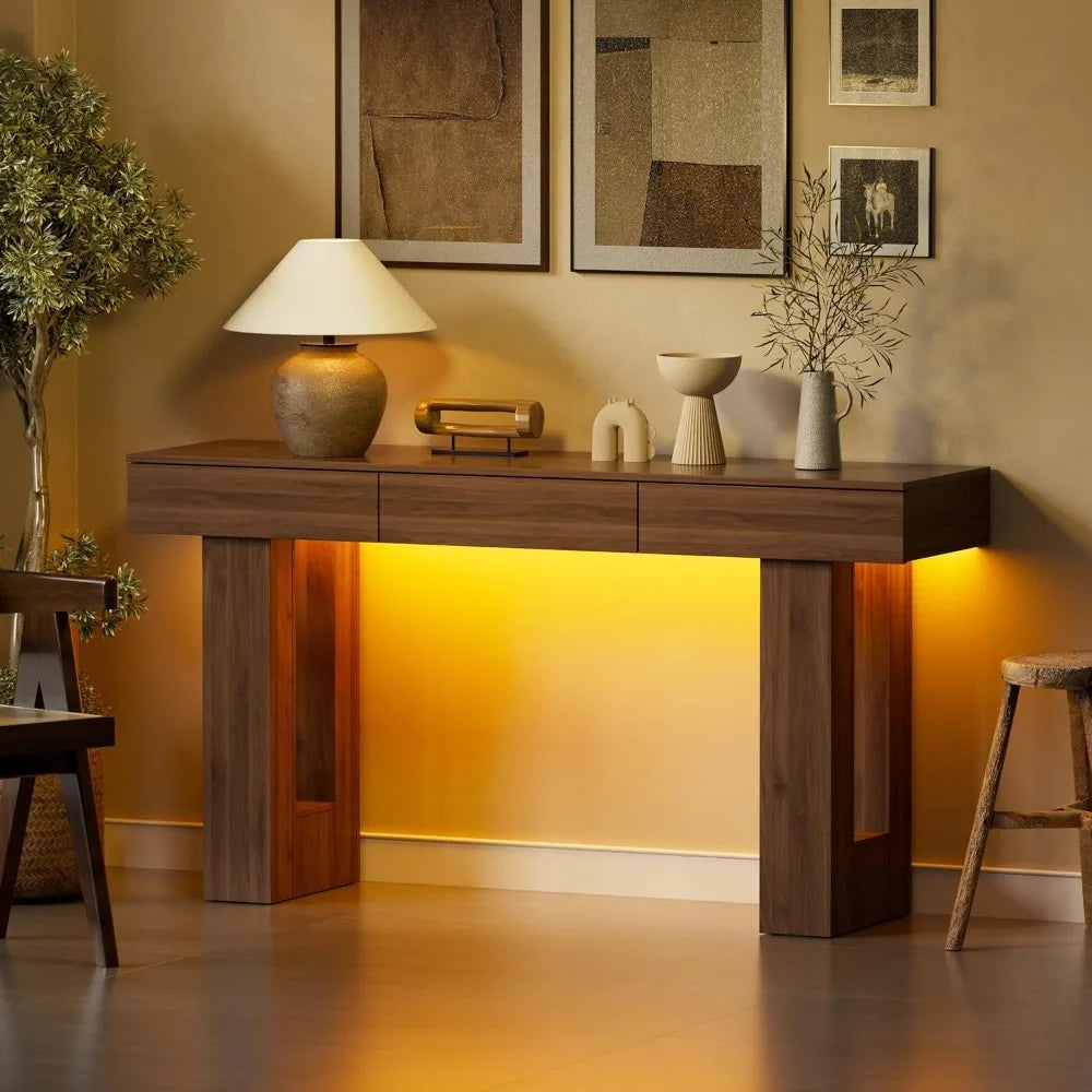 63-Inch Long Console Table with Colorful LED Lights and 3 Drawers, Wooden Rectangular Sofa Table Behind The Couch