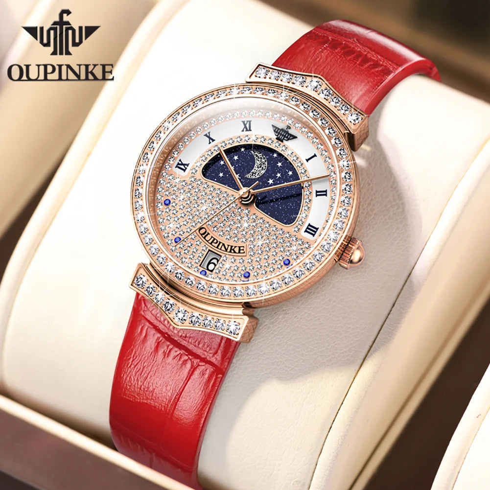 OUPINKE Original Women Watch Ladies Analog Quartz Diamond Wristwatch Stainless Steel Moon Phase 5Bar Waterproof Luxur Brand 3216