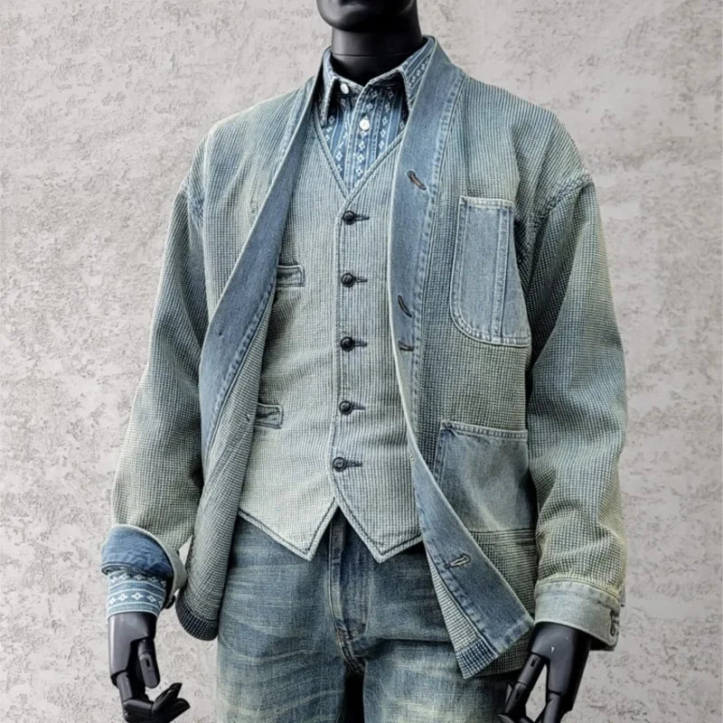 Amekaji Wear Clothes Men Blue Dyed Denim Robe Jacket Cardigan Coat Retro Washed Dyed Distressed