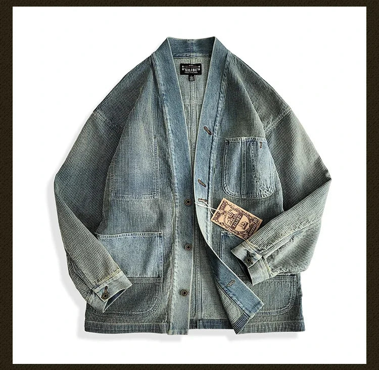 Amekaji Wear Clothes Men Blue Dyed Denim Robe Jacket Cardigan Coat Retro Washed Dyed Distressed