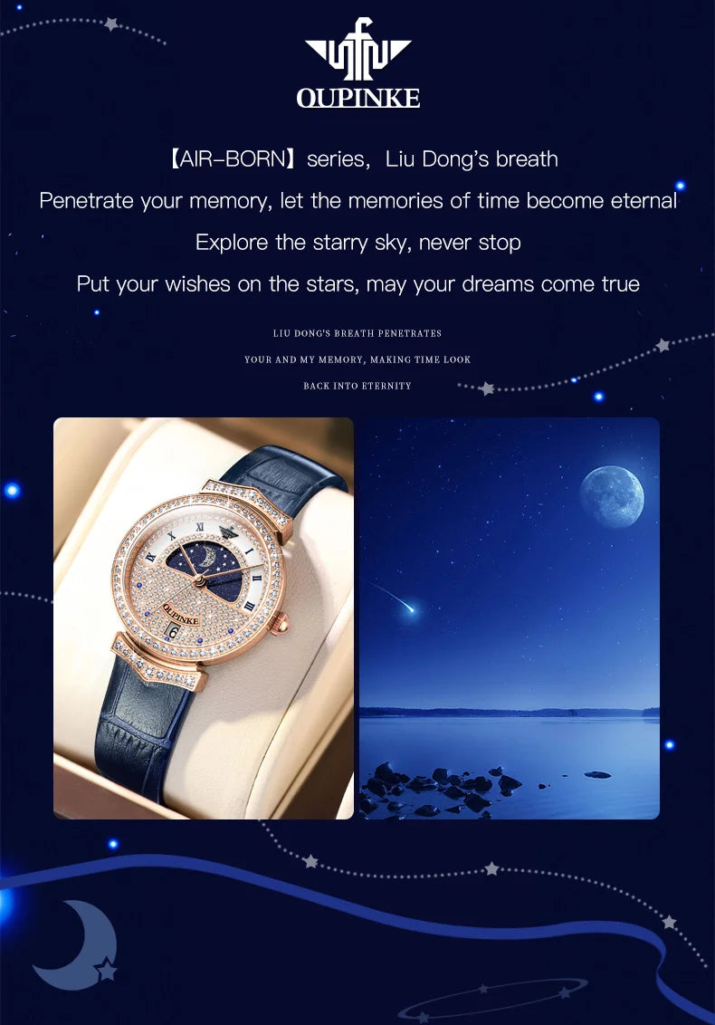 OUPINKE Original Women Watch Ladies Analog Quartz Diamond Wristwatch Stainless Steel Moon Phase 5Bar Waterproof Luxur Brand 3216