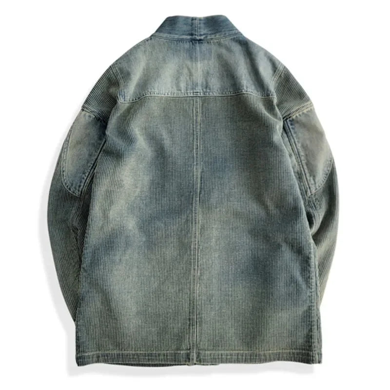 Amekaji Wear Clothes Men Blue Dyed Denim Robe Jacket Cardigan Coat Retro Washed Dyed Distressed