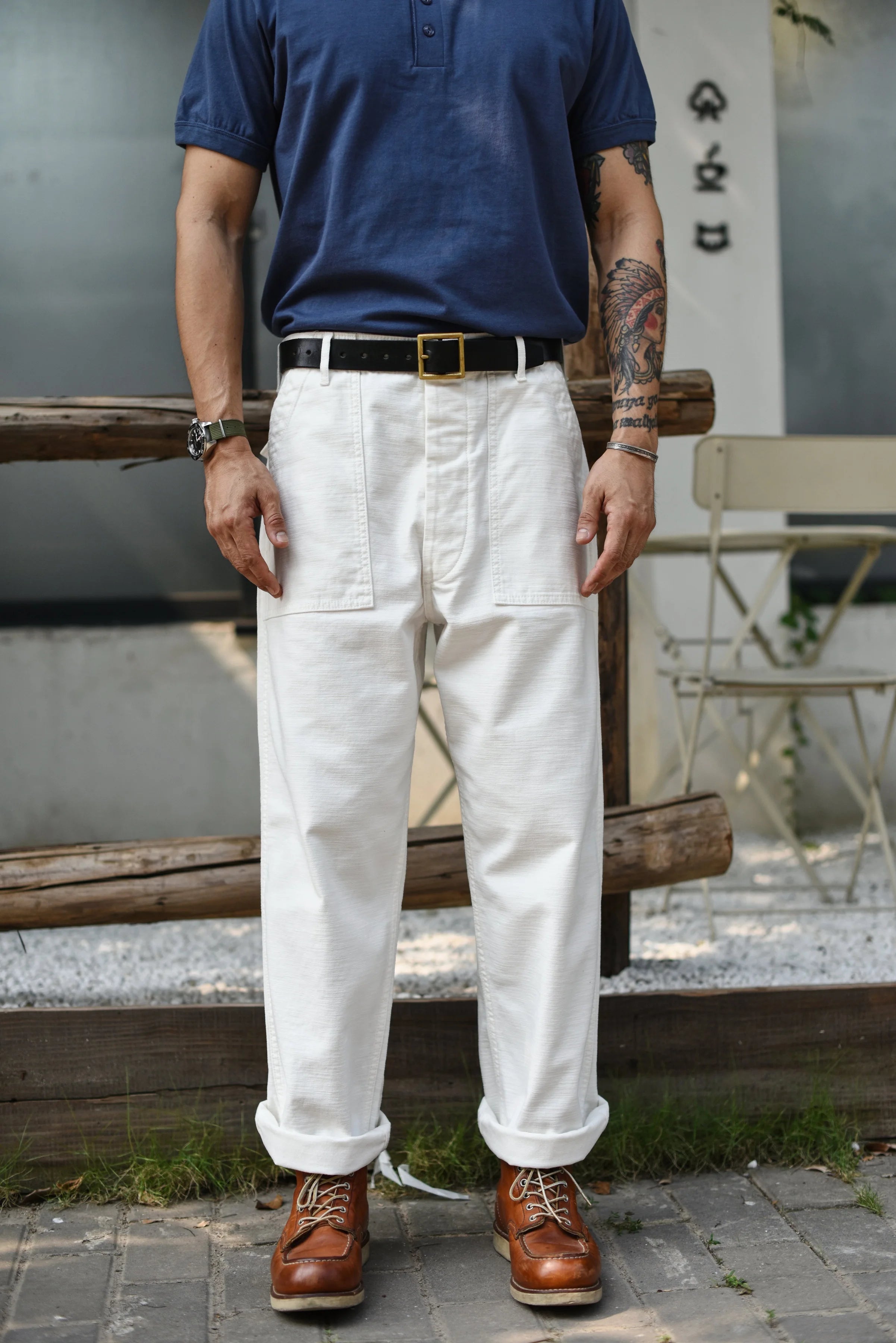 SauceZhan OG107 Fatigue Utility Pants Classic Olive Sateen Men's Baker Pants Satin Cotton Original Loose Fit