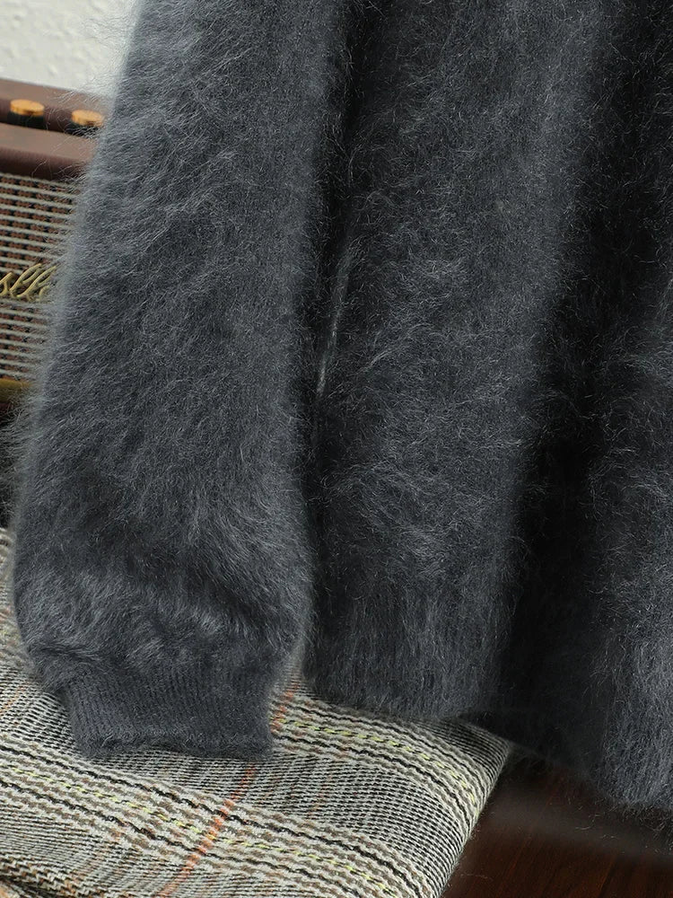 2024 Men 100% Plush Cashmere Sweaters Mock Neck Basic Pullovers Long Fluff Pure Brushing Cashmere Half High Collar Jumper Winter