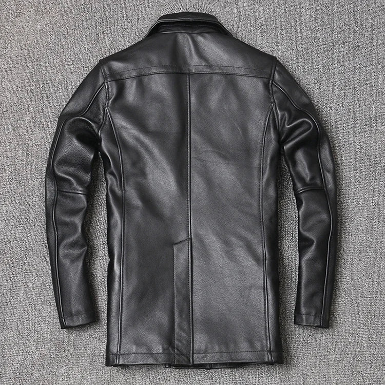 Genuine Leather Jacket Men's Top Layer Cowhide Jacket Mid-Length Men's Lapel Windbreaker Slim-Fit Jacket Double-Breasted