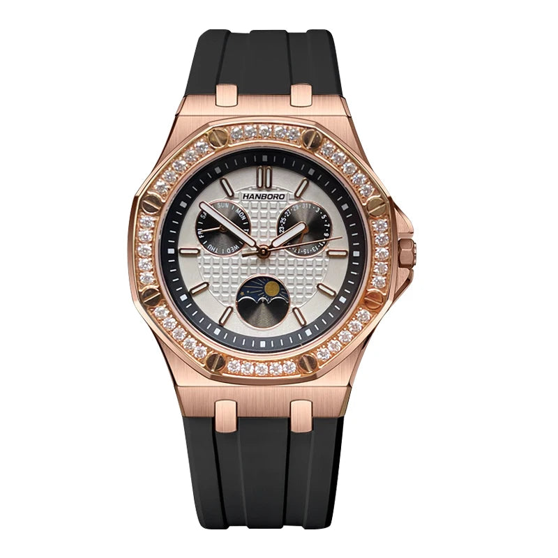 Hanbro Women Luxury Watch 37mm Ladies Vintage Quartz Wristwatch Luminous Waterproof Silicone Strap Week Date Triple Windows