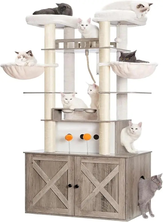 72-inch Tall Wooden Maine Coon Cat Tree with Litter Box Enclosure for Large Indoor Cats