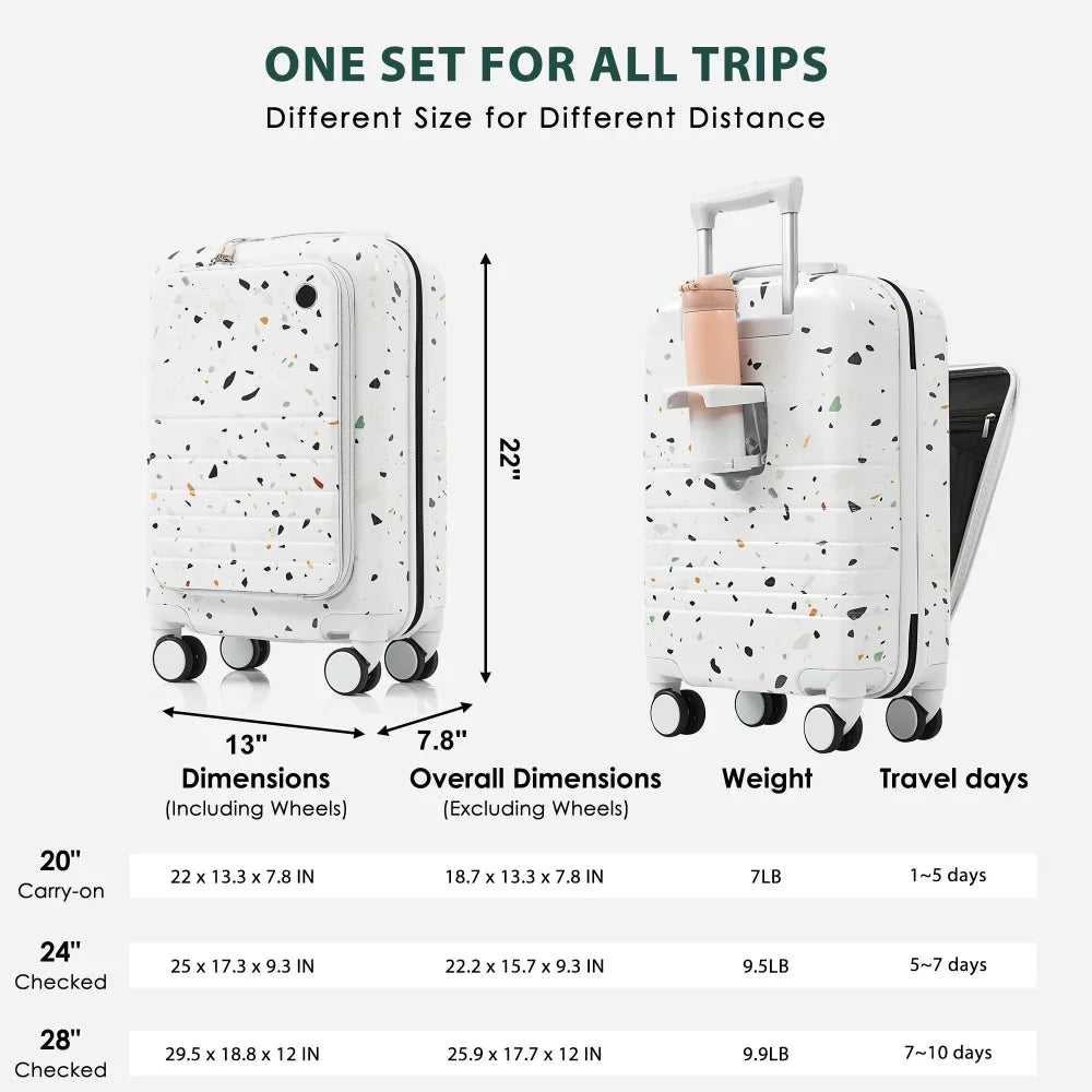 USB Port 20 24inch Front Opening Design Airline Certified Carry on Luggage ABS+PC Hard Shell Luggage with Spinner Wheels