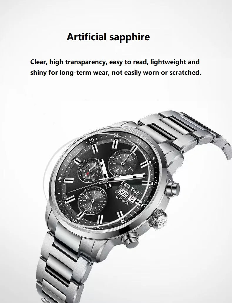 reef tiger Men's Mechanical Watch, Fully automatic multi-functional dual calendar business men's watch, waterproof men's timepie