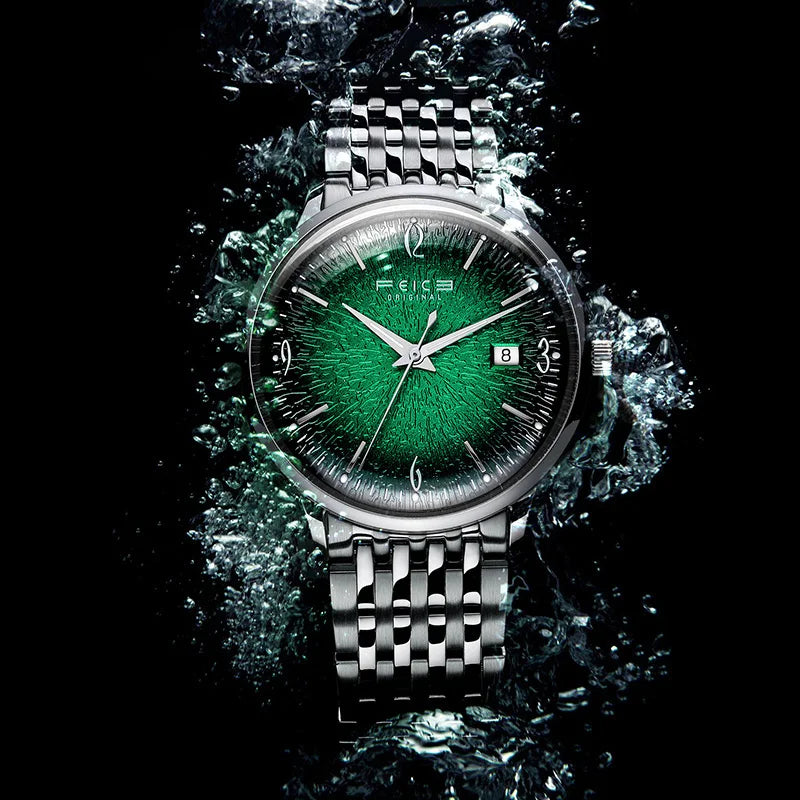 FEICE Mens Vintage Watches Luminous Automatic Silver Stainless Steel Watch Green Dial Mechanical Wristwatch Waterproof Business