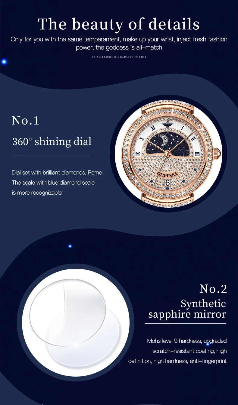OUPINKE Original Women Watch Ladies Analog Quartz Diamond Wristwatch Stainless Steel Moon Phase 5Bar Waterproof Luxur Brand 3216