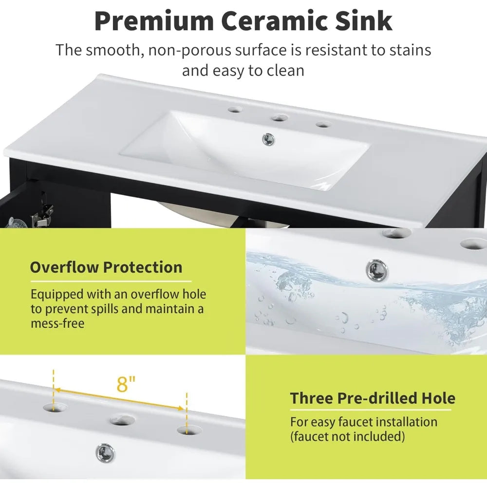 36 Inch Bathroom Vanity with Sink Top Combo, Wood Bathroom Sink Cabinet with 2 Soft Closing Doors and 3 Drawers, Modern Freestan