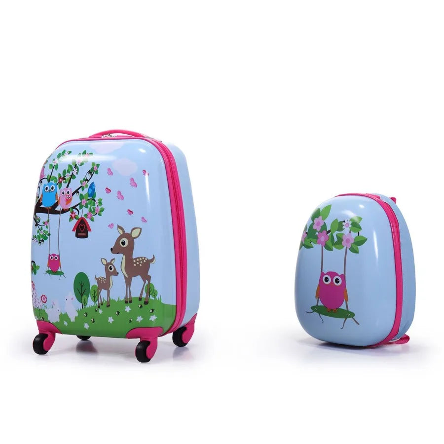 2 PCS Luggage Set 12 Backpack and 16 Spinner Case with 4 Universal Wheels Travel Suitcase for Boys Girls Light Blue with Animal