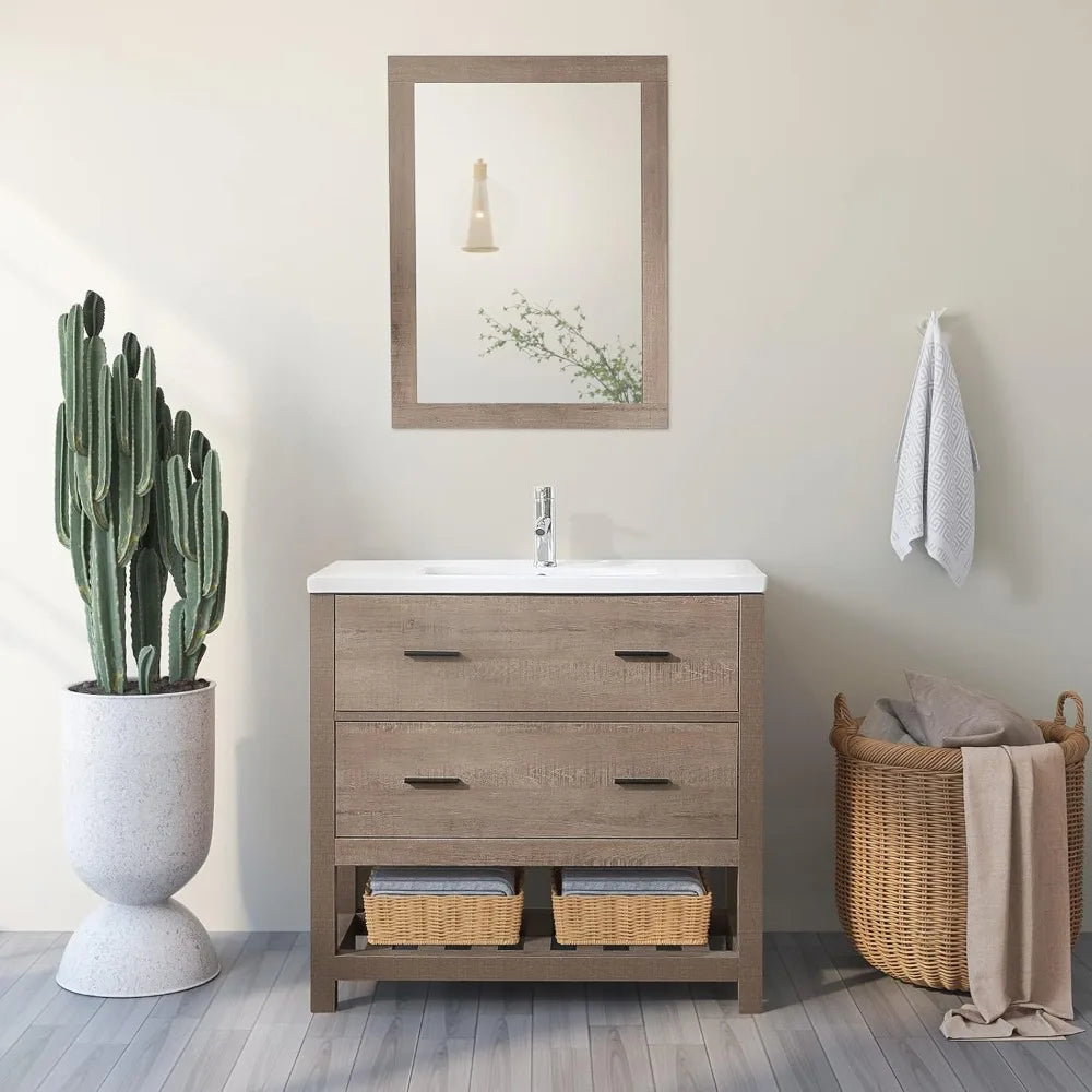 32" Bathroom Vanity and Sink Combo Cabinet Undermount Ceramic Vessel Sink Chrome Faucet Drain with Mirror and Shelf Vanities Se