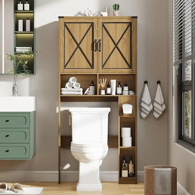 Over The Toilet Storage Cabinet, Farmhouse Bathroom Cabinet Over Toilet with Paper Holder, Rustic Bathroom Storage Organizer wi