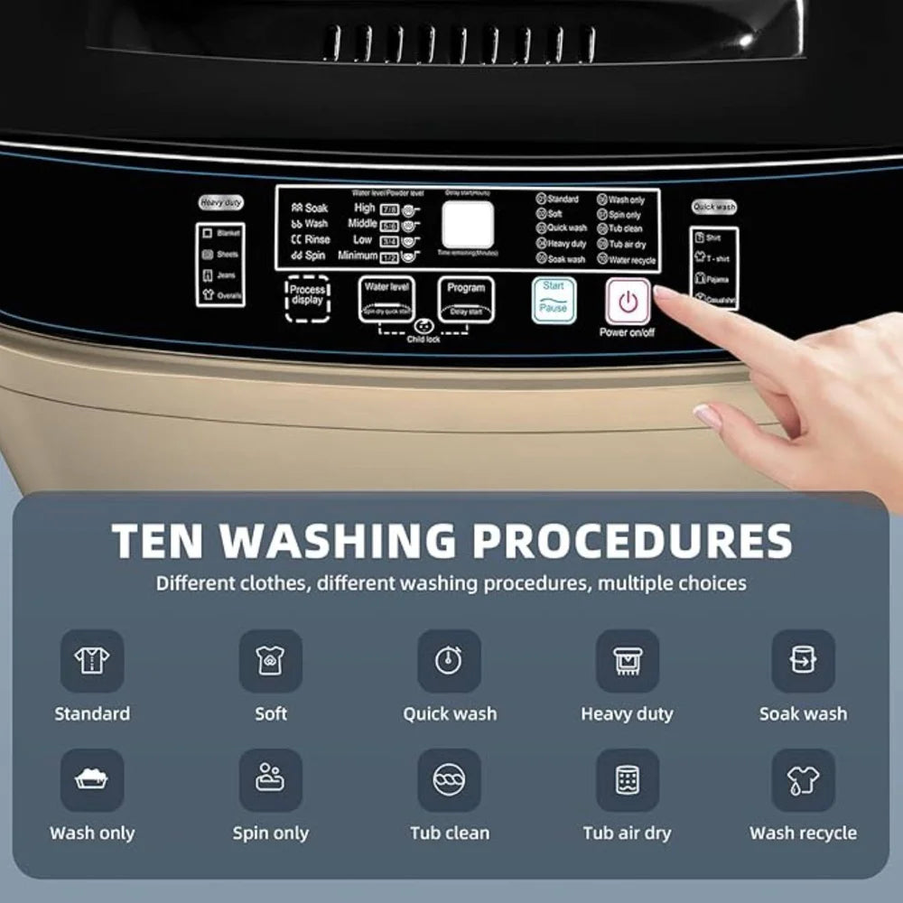 Full Automatic Top Load Washing Machine 17.7 lbs Portable Washer 10 Programs 8 Water Levels Compact Design Laundry Solution