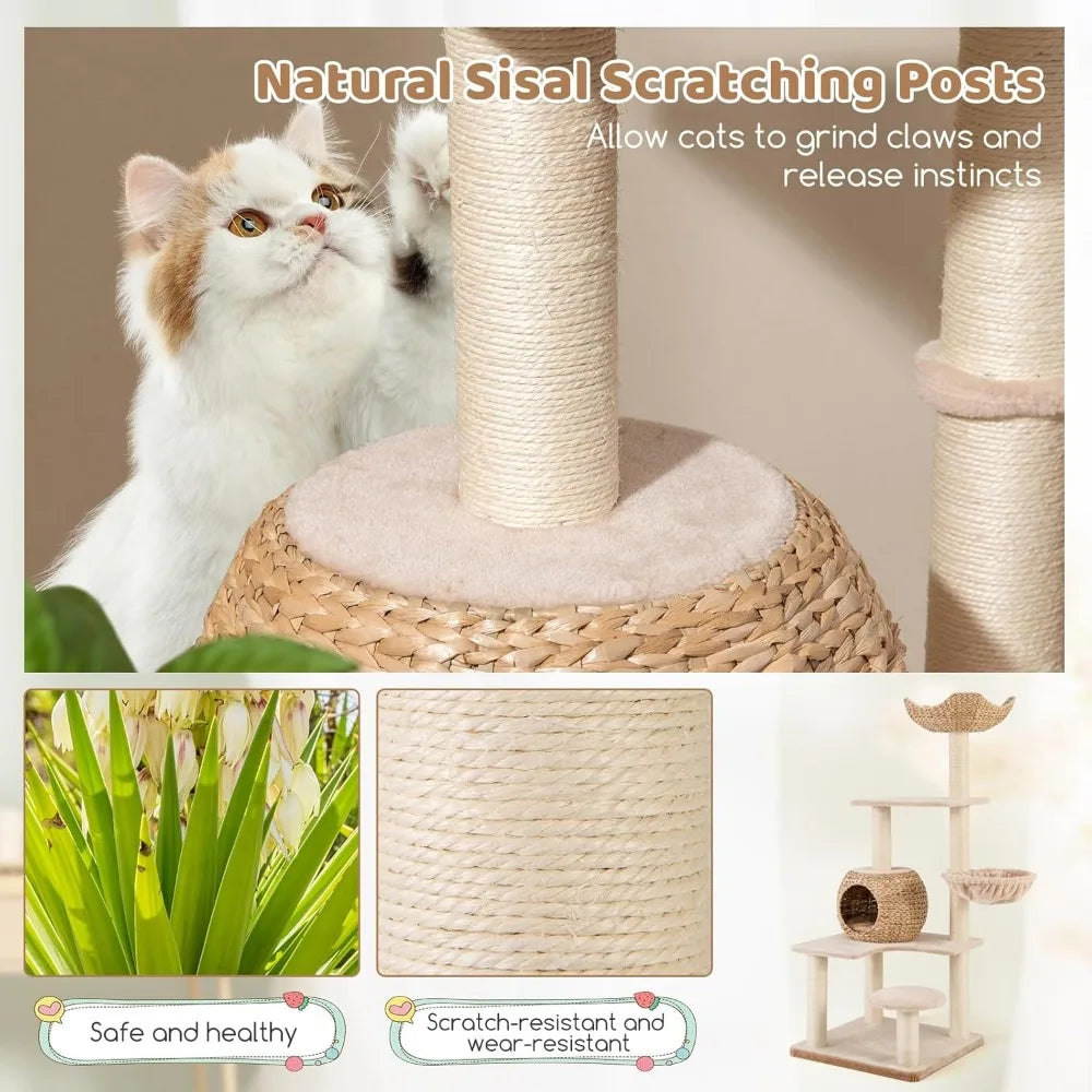 PETSITE 59 inch Cattail Tree Tower, Multi-Level Cat Tower with Natural Sisal Scratching Posts, Cat Condo