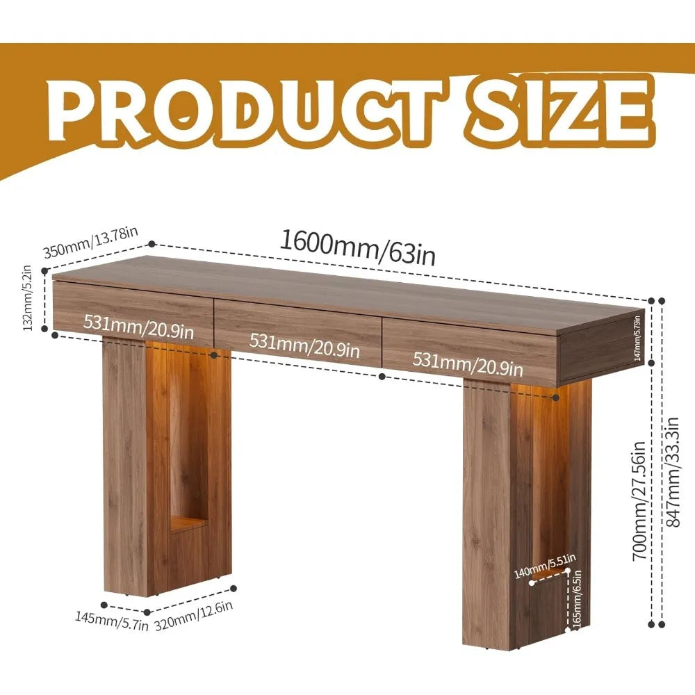 63-Inch Long Console Table with Colorful LED Lights and 3 Drawers, Wooden Rectangular Sofa Table Behind The Couch