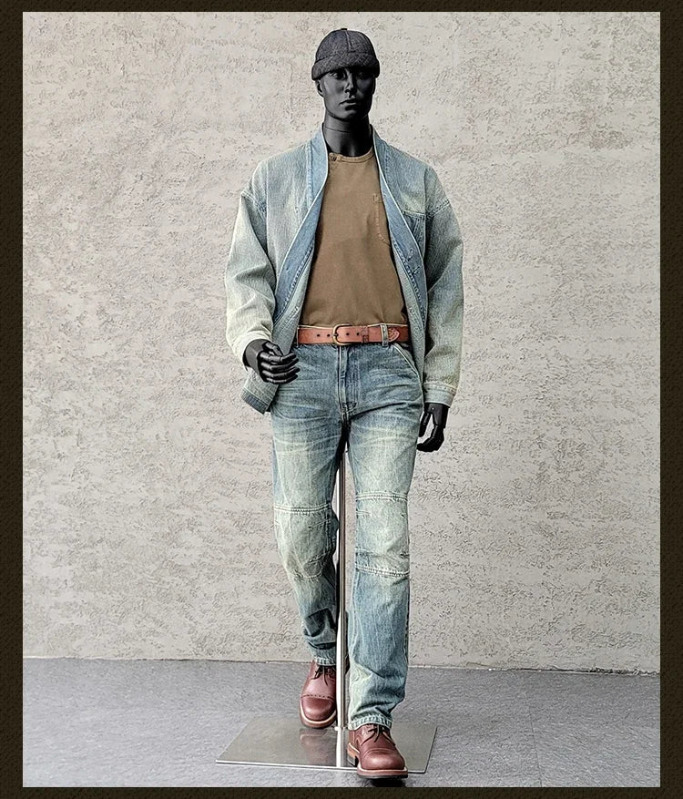 Amekaji Wear Clothes Men Blue Dyed Denim Robe Jacket Cardigan Coat Retro Washed Dyed Distressed