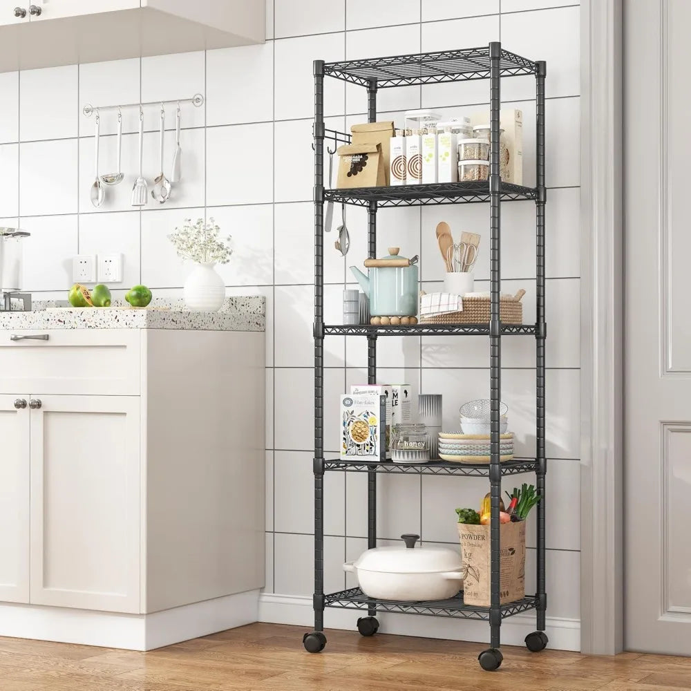 Heavy-Duty 5-Level Wire Shelving Unit with Adjustable Racks, Mobile Storage on Wheels