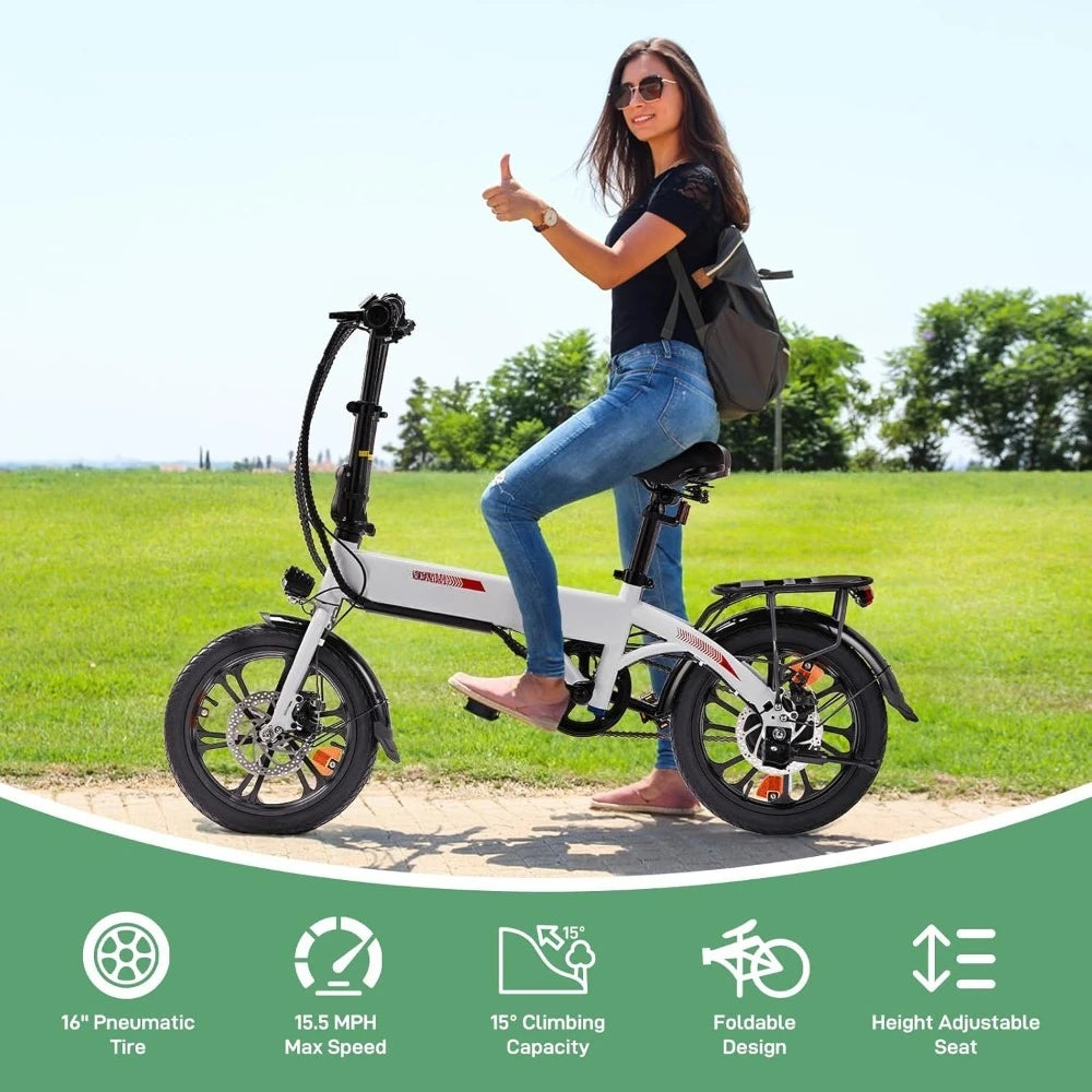 16" Electric Bike for Adults, Folding E-Bike 350W Motor with Dual Disc Brakes, Max Range 35Miles(Pedal-Assist) & Speed 15.5Mph