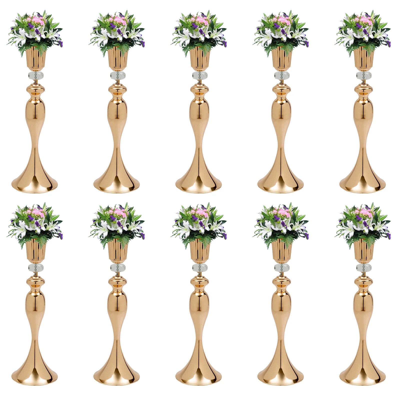 10 Pcs Gold Vase for Wedding Centerpieces, Metal Flower Trumpet Vase with Crystal Bead