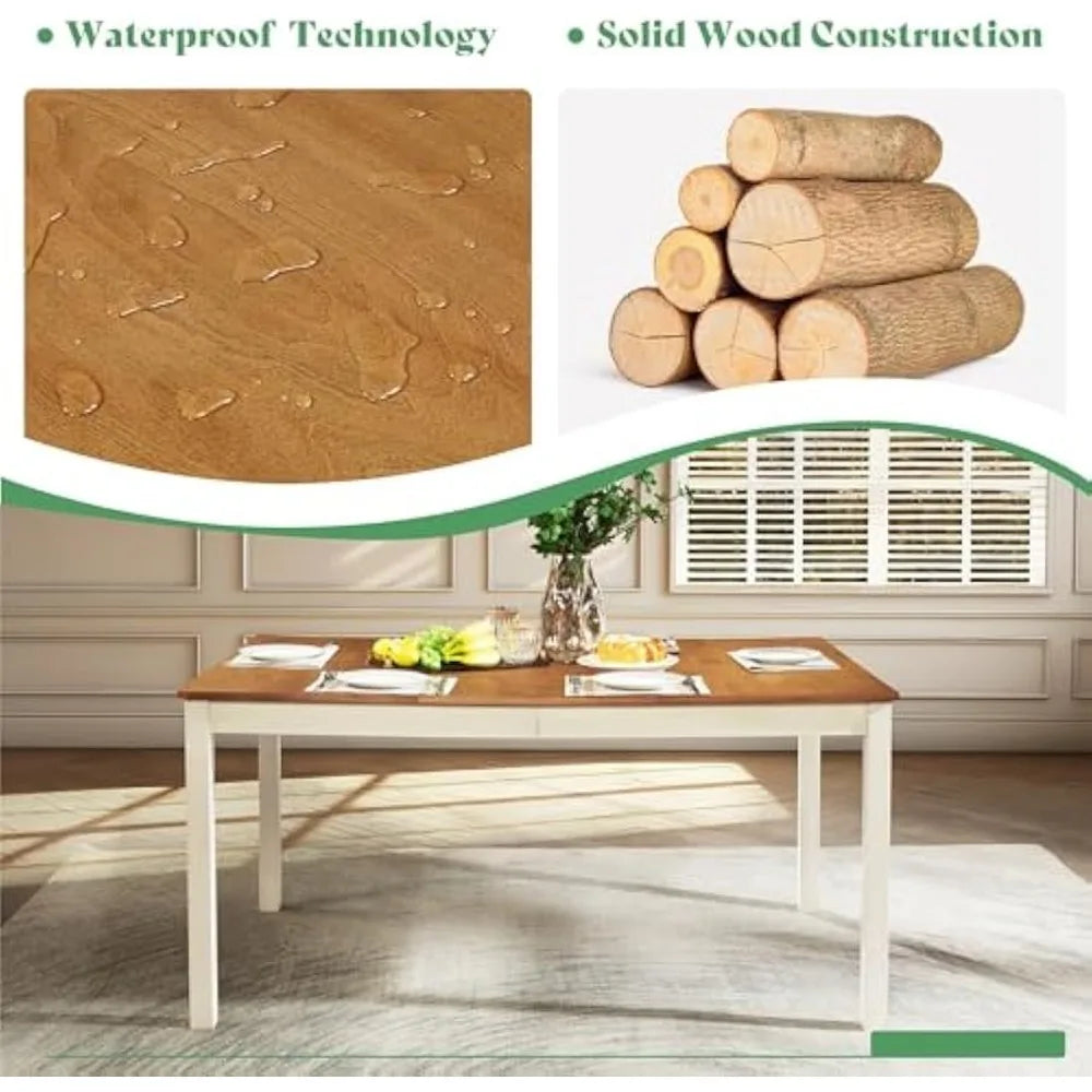 7-Piece Farmhouse Solid Wood Dining Table Set with 6 Upholstered Chairs, 60" Space Saving Dinner Table & Chairs