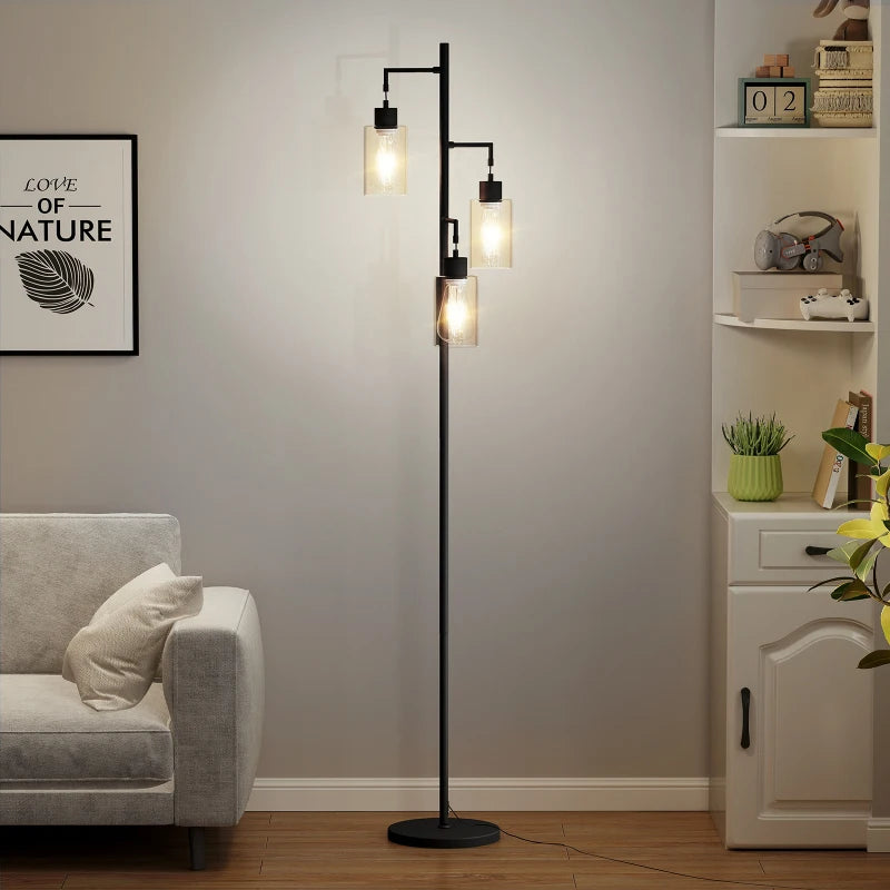 67 Tree Shaped Living Room Floor Lamp 3 Lights Glass Shades Foot Switch Matte Black Metal Industrial Style Easy Assembly