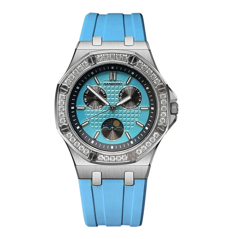 Hanbro Women Luxury Watch 37mm Ladies Vintage Quartz Wristwatch Luminous Waterproof Silicone Strap Week Date Triple Windows