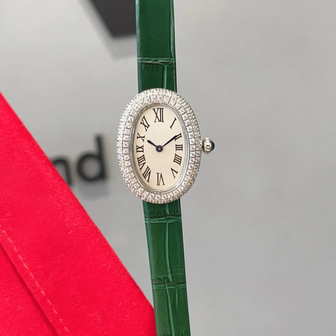 Brand Wrist Watches Woman Girl High Quality 23mm Diamond Oval Style Japanese Quartz Movement Leather Strap Clock CT80