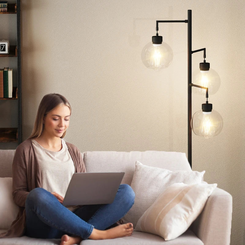 67 Tree Shaped Living Room Floor Lamp 3 Lights Glass Shades Foot Switch Matte Black Metal Industrial Style Easy Assembly