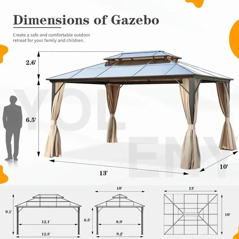 Discount 10'x13' Hardtop Gazebo, Outdoor Polycarbonate Double Roof Canopy, Aluminum Frame Permanent Pavilion with Curtains and N