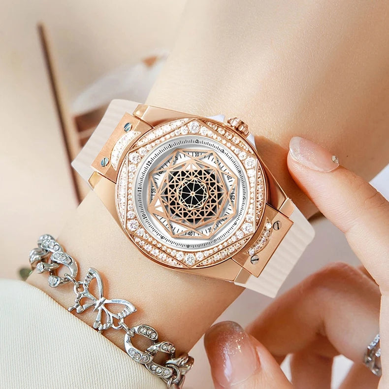Hanbro Women Luxury Watch 36mm Ladies Vintage Quartz Wristwatch Luminous Waterproof Silicone Strap Fashion Dial