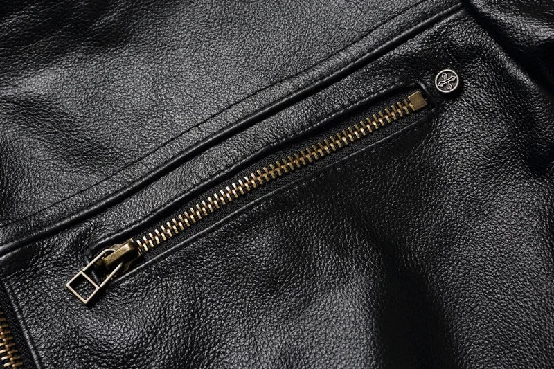 2023 New Skull Embroidery Men's First Layer Cowhide Leather Jacket Motorcycle Slim  Oversize Coat