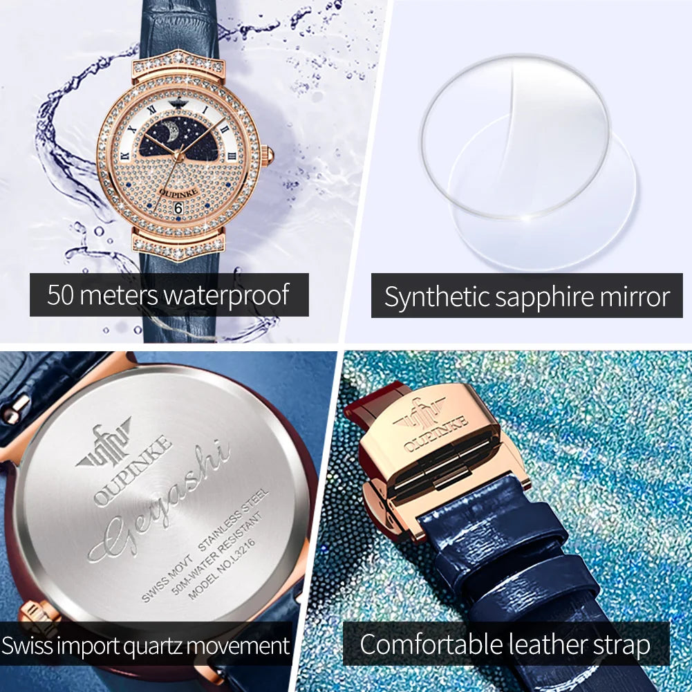 OUPINKE Original Women Watch Ladies Analog Quartz Diamond Wristwatch Stainless Steel Moon Phase 5Bar Waterproof Luxur Brand 3216