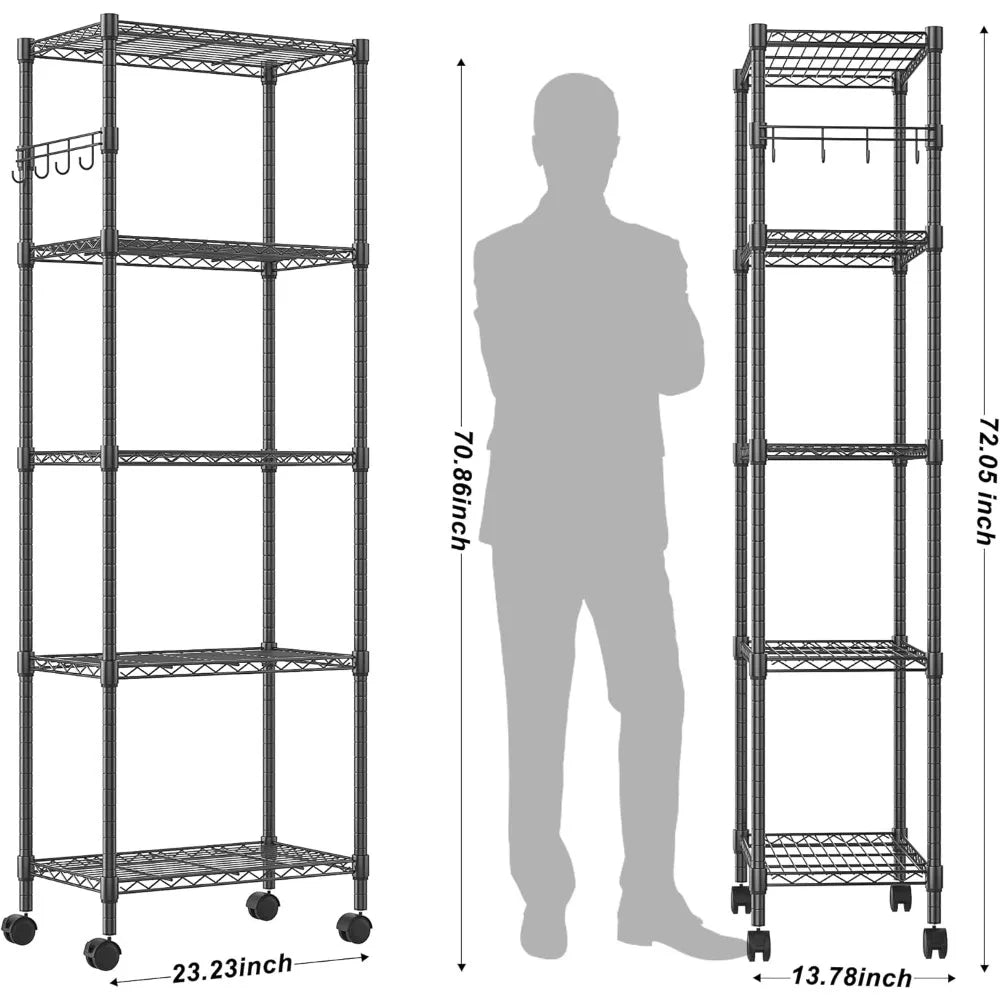 Heavy-Duty 5-Level Wire Shelving Unit with Adjustable Racks, Mobile Storage on Wheels