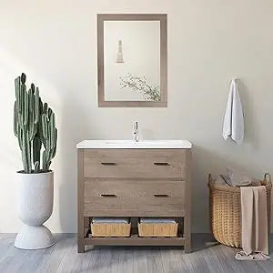 32" Bathroom Vanity and Sink Combo Cabinet Undermount Ceramic Vessel Sink Chrome Faucet Drain with Mirror and Shelf Vanities Se