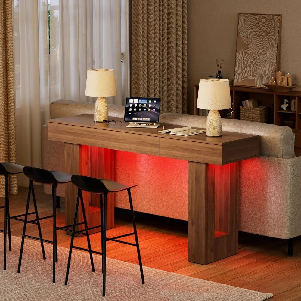 63-Inch Long Console Table with Colorful LED Lights and 3 Drawers, Wooden Rectangular Sofa Table Behind The Couch