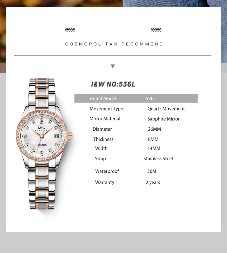 IW Brand Women's Watch Luxury Sapphire Mirror Casual Watches Waterproof Watch Women Fashion Dress Rhinestone WristWatch reloj