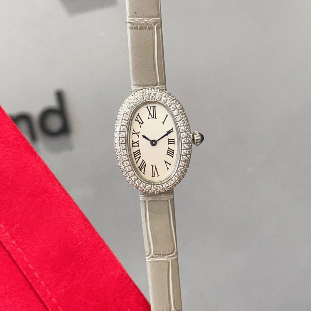 Brand Wrist Watches Woman Girl High Quality 23mm Diamond Oval Style Japanese Quartz Movement Leather Strap Clock CT80
