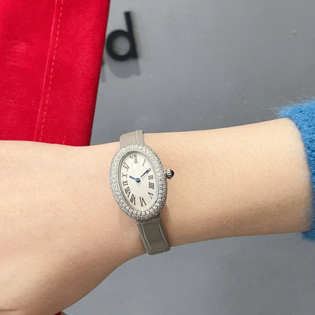 Brand Wrist Watches Woman Girl High Quality 23mm Diamond Oval Style Japanese Quartz Movement Leather Strap Clock CT80